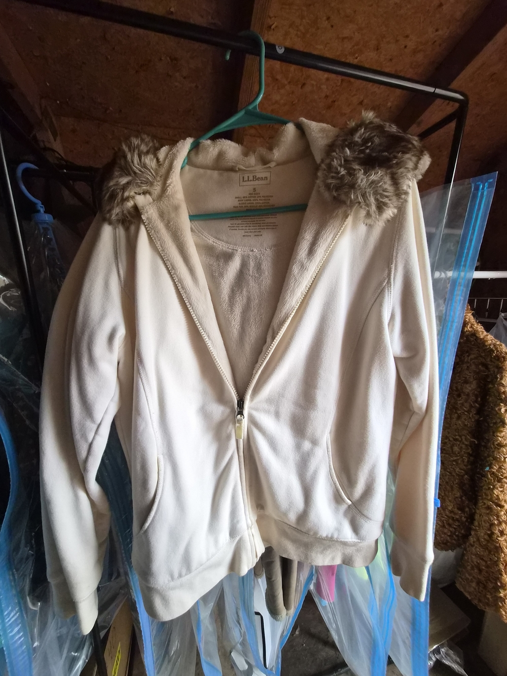 L.L. Bean Cream Hooded Jacket with Faux-Fur Trim